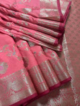 Statement Handmade Pastel Muave Pink Color Banarasi Semi Katan Silk Saree with Meenakari and Muted Gold Zari Weave