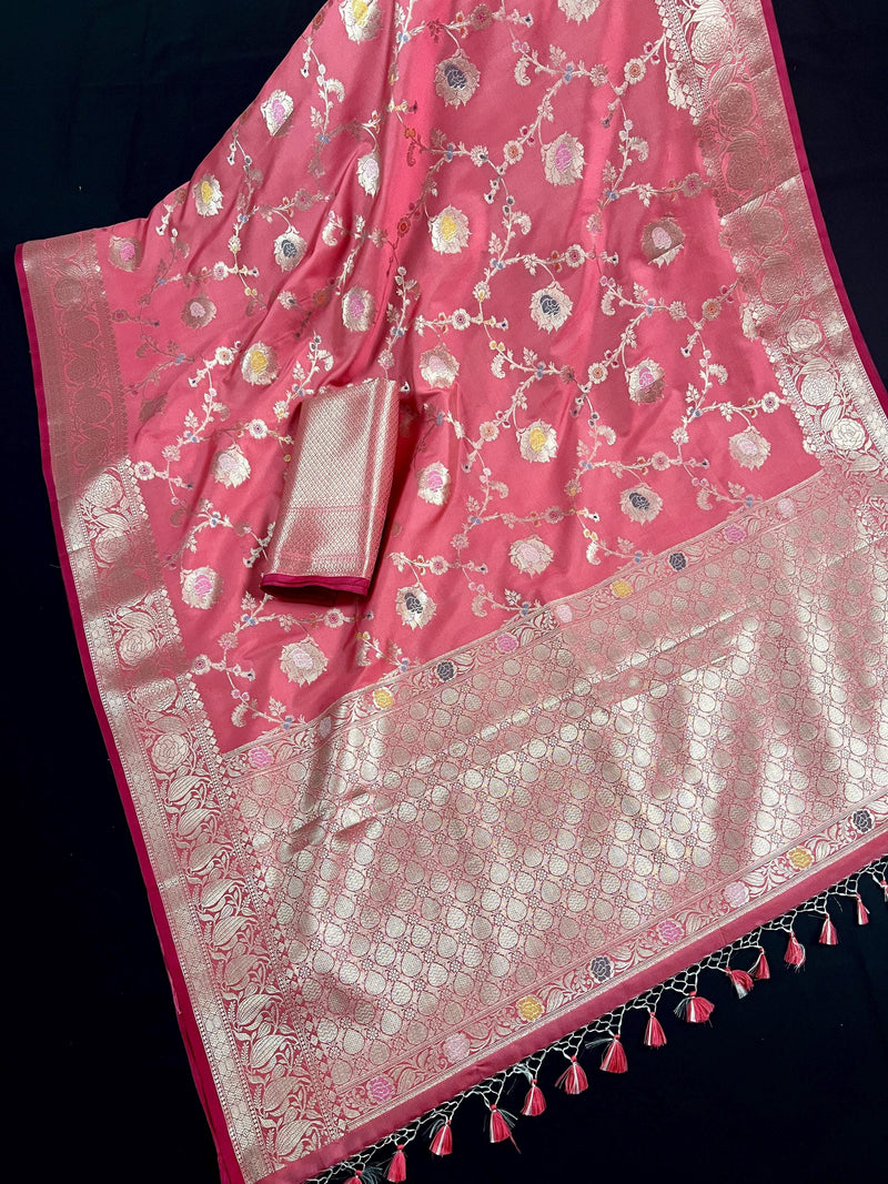 Statement Handmade Pastel Muave Pink Color Banarasi Semi Katan Silk Saree with Meenakari and Muted Gold Zari Weave