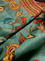 Turquoise Color Semi Tussar Saree with Kalamkari and Radha Krishna with a Peacock Digital Prints | Kalamkari Sarees | Digital Prints Sarees