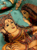 Turquoise Color Semi Tussar Saree with Kalamkari and Radha Krishna with a Peacock Digital Prints | Kalamkari Sarees | Digital Prints Sarees