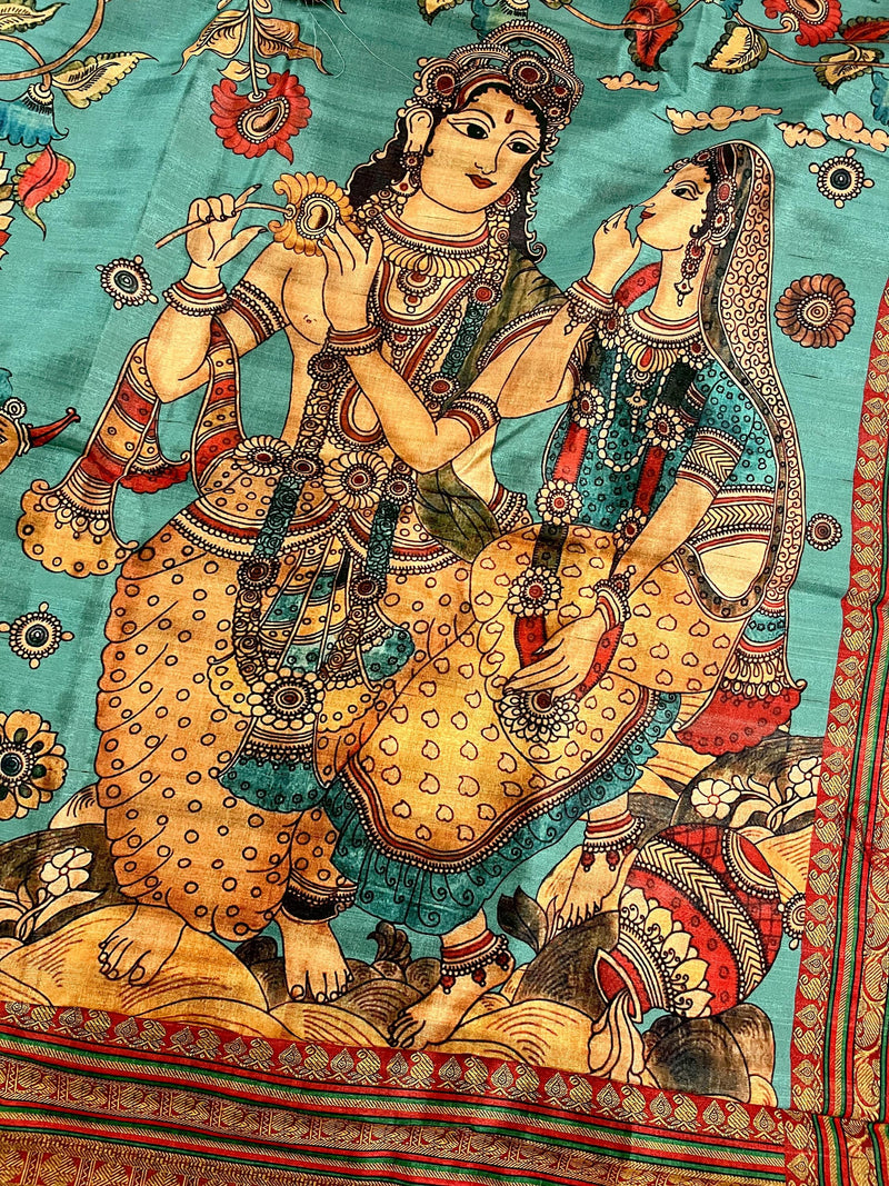 Turquoise Color Semi Tussar Saree with Kalamkari and Radha Krishna with a Peacock Digital Prints | Kalamkari Sarees | Digital Prints Sarees