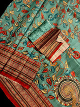 Turquoise Color Semi Tussar Saree with Kalamkari and Radha Krishna with a Peacock Digital Prints | Kalamkari Sarees | Digital Prints Sarees