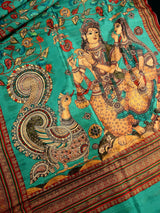 Turquoise Color Semi Tussar Saree with Kalamkari and Radha Krishna with a Peacock Digital Prints | Kalamkari Sarees | Digital Prints Sarees