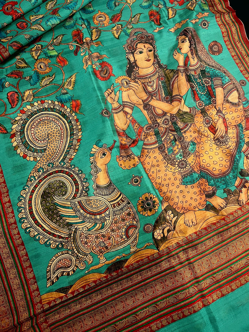 Turquoise Color Semi Tussar Saree with Kalamkari and Radha Krishna with a Peacock Digital Prints | Kalamkari Sarees | Digital Prints Sarees