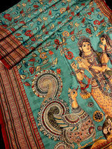 Turquoise Color Semi Tussar Saree with Kalamkari and Radha Krishna with a Peacock Digital Prints | Kalamkari Sarees | Digital Prints Sarees