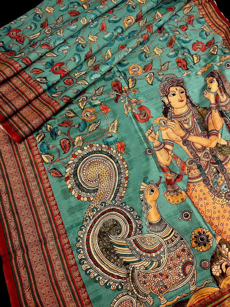 Turquoise Color Semi Tussar Saree with Kalamkari and Radha Krishna with a Peacock Digital Prints | Kalamkari Sarees | Digital Prints Sarees