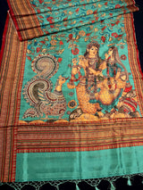 Turquoise Color Semi Tussar Saree with Kalamkari and Radha Krishna with a Peacock Digital Prints | Kalamkari Sarees | Digital Prints Sarees