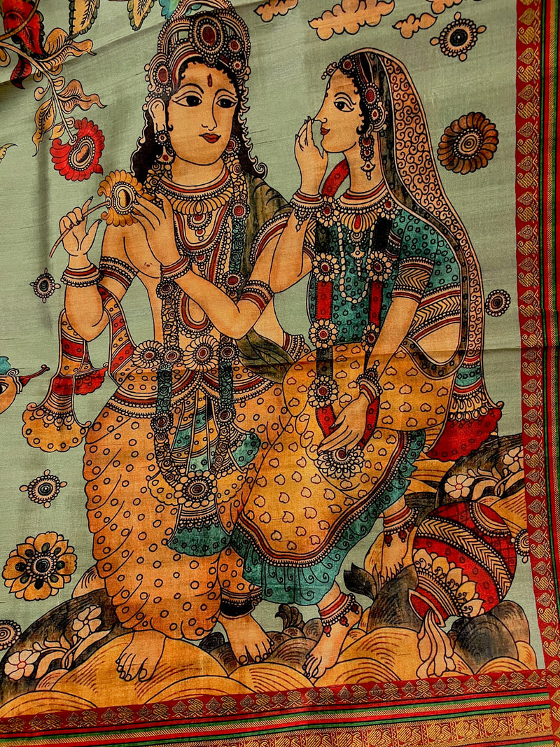 Pastel Olive Green Color Semi Tussar Saree with Kalamkari and Radha Krishna with a Peacock Digital Prints | Kalamkari Sarees