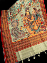 Pastel Olive Green Color Semi Tussar Saree with Kalamkari and Radha Krishna with a Peacock Digital Prints | Kalamkari Sarees