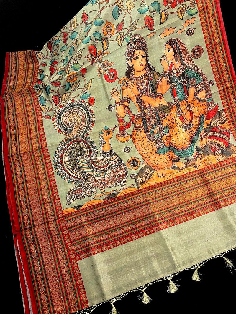 Pastel Olive Green Color Semi Tussar Saree with Kalamkari and Radha Krishna with a Peacock Digital Prints | Kalamkari Sarees