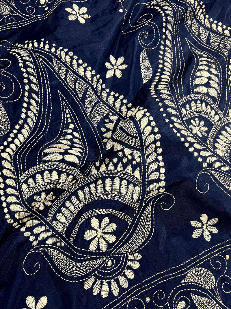 Blue Color Bangalori Silk Saree with Hand Kantha Stitch | Handwoven Kantha Stitch Sarees | Kantha Saress | Bengal Sarees | Silk Sarees