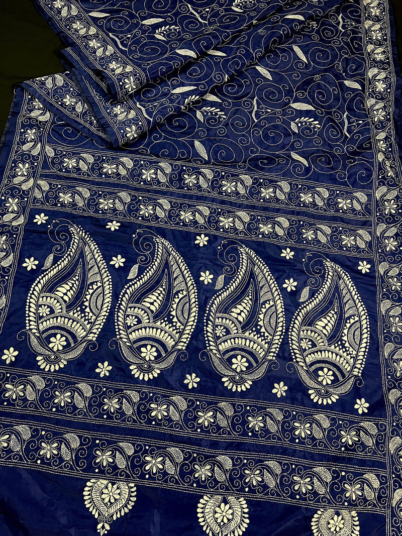 Blue Color Bangalori Silk Saree with Hand Kantha Stitch | Handwoven Kantha Stitch Sarees | Kantha Saress | Bengal Sarees | Silk Sarees