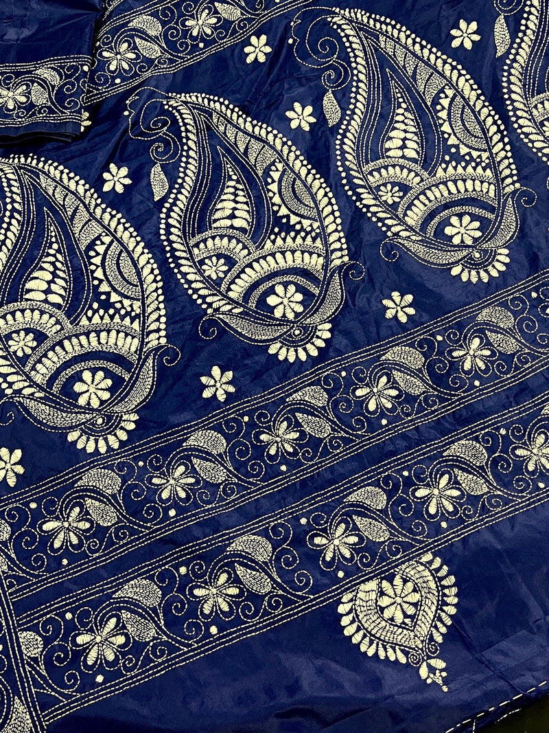 Blue Color Bangalori Silk Saree with Hand Kantha Stitch | Handwoven Kantha Stitch Sarees | Kantha Saress | Bengal Sarees | Silk Sarees