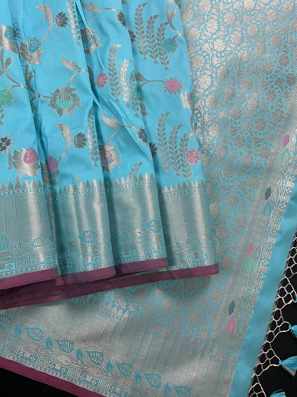 Statement Handmade Sky Blue Color Banarasi Semi Katan Silk Saree with Meenakari and Sliver Zari Weave with Floral Jaal