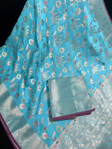 Statement Handmade Sky Blue Color Banarasi Semi Katan Silk Saree with Meenakari and Sliver Zari Weave with Floral Jaal