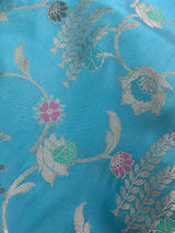 Statement Handmade Sky Blue Color Banarasi Semi Katan Silk Saree with Meenakari and Sliver Zari Weave with Floral Jaal