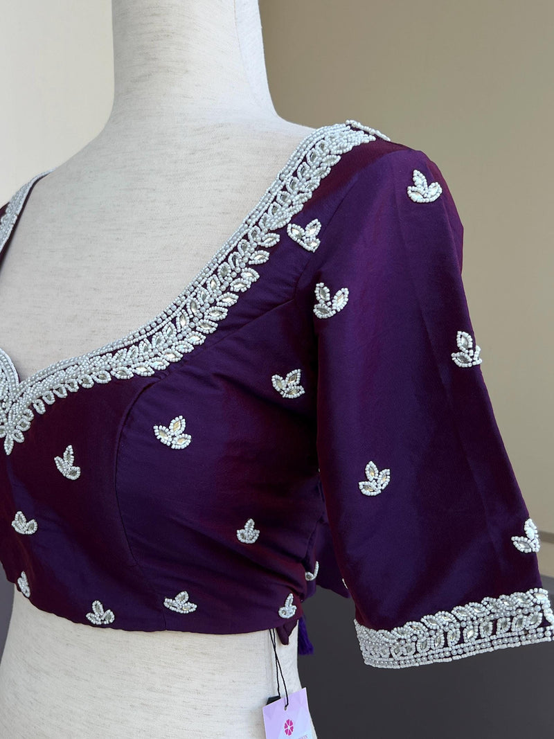 Masterpiece Handmade Dual Tone Silk Ready to Wear Blouse in Eggplant Purple Color with White Pearls, Beads and Stone  | Handwork Blouses