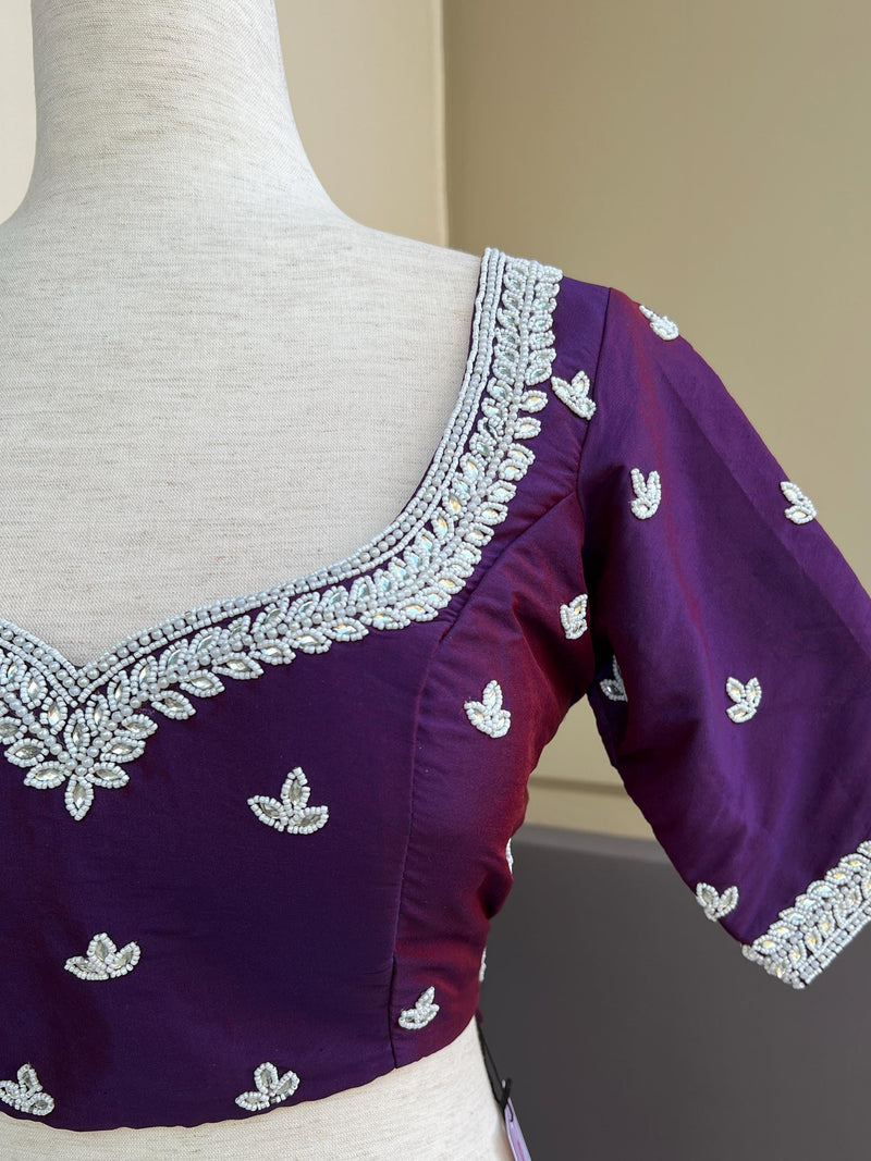 Masterpiece Handmade Dual Tone Silk Ready to Wear Blouse in Eggplant Purple Color with White Pearls, Beads and Stone  | Handwork Blouses