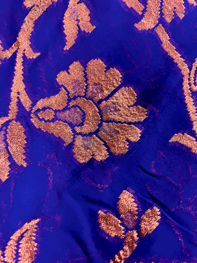 Royal Blue Color Pure Khaddi Georgette Banarasi Silk Saree with Antique Copper Zari Weave | Royal Blue Color Saree | SILK MARK CERTIFIED