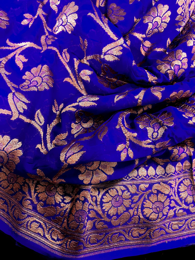 Royal Blue Color Pure Khaddi Georgette Banarasi Silk Saree with Antique Copper Zari Weave | Royal Blue Color Saree | SILK MARK CERTIFIED