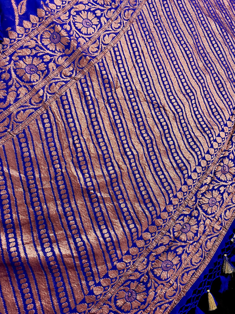 Royal Blue Color Pure Khaddi Georgette Banarasi Silk Saree with Antique Copper Zari Weave | Royal Blue Color Saree | SILK MARK CERTIFIED