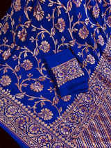 Royal Blue Color Pure Khaddi Georgette Banarasi Silk Saree with Antique Copper Zari Weave | Royal Blue Color Saree | SILK MARK CERTIFIED