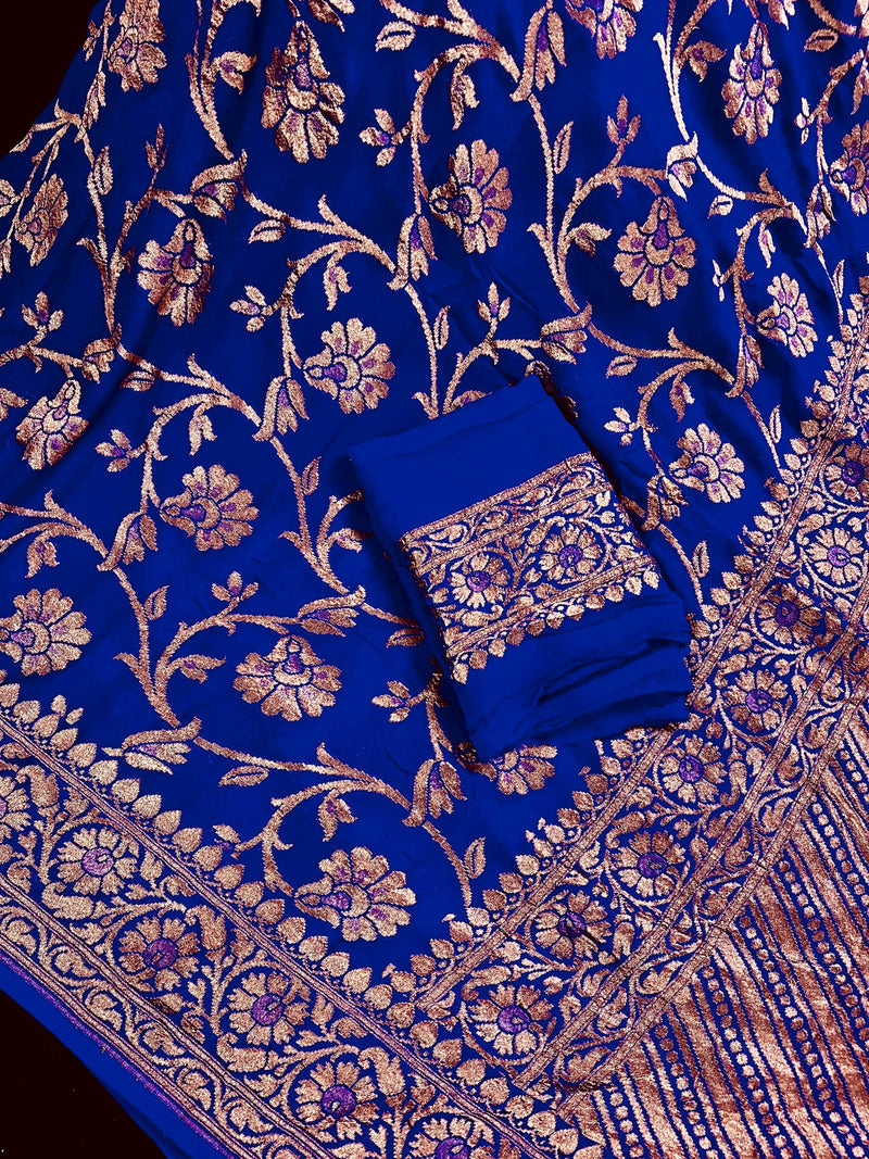 Royal Blue Color Pure Khaddi Georgette Banarasi Silk Saree with Antique Copper Zari Weave | Royal Blue Color Saree | SILK MARK CERTIFIED