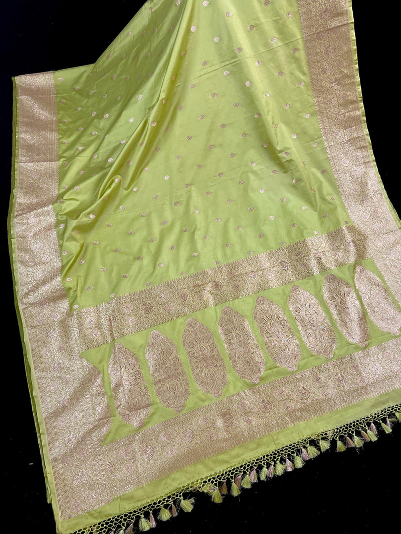 Pista Green Semi Mashru Silk in Gold Zari | Banarasi Mashru Silk Saree | Soft Silk Sarees