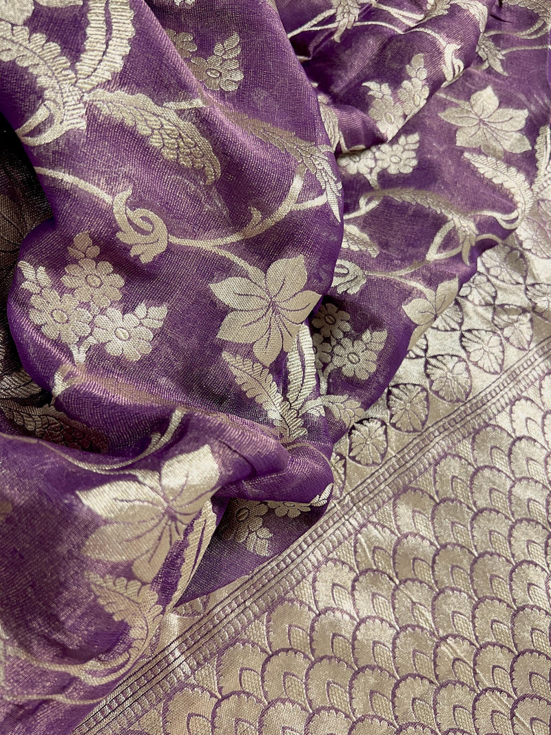 Lavender Color Pure Khaddi Georgette Tissue Banarasi Silk Saree with Floral Jaal | SILK MARK CERTIFIED Saree