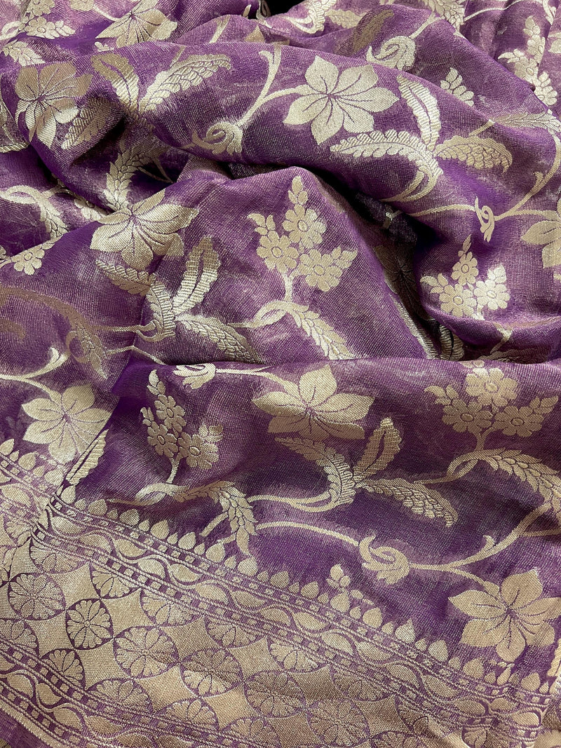 Lavender Color Pure Khaddi Georgette Tissue Banarasi Silk Saree with Floral Jaal | SILK MARK CERTIFIED Saree