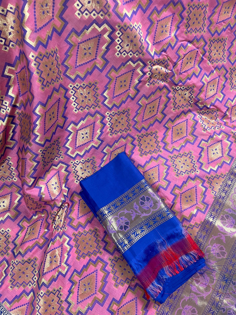 Pink and Blue Ikkat Design Banarasi Silk Weaved Saree with Paitani Style Borders with Meenakari | Banarasi Soft Handloom Silk Sarees