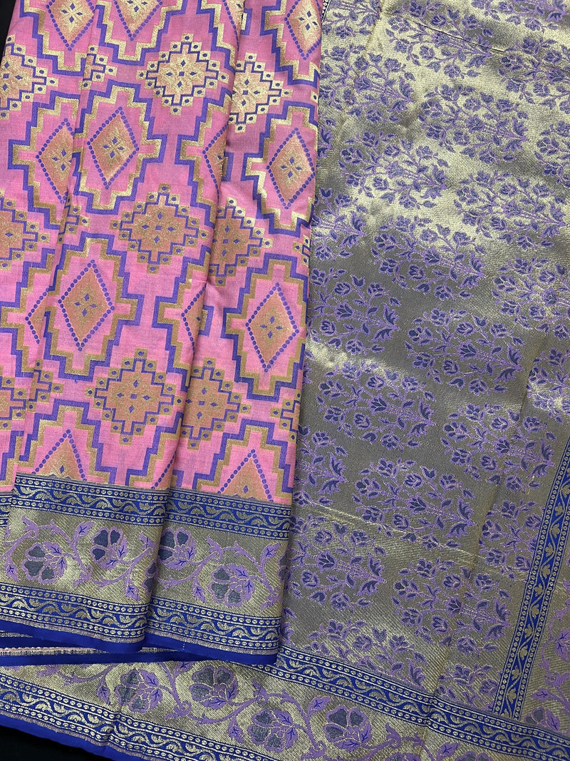 Pink and Blue Ikkat Design Banarasi Silk Weaved Saree with Paitani Style Borders with Meenakari | Banarasi Soft Handloom Silk Sarees