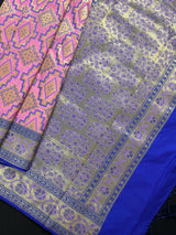 Pink and Blue Ikkat Design Banarasi Silk Weaved Saree with Paitani Style Borders with Meenakari | Banarasi Soft Handloom Silk Sarees