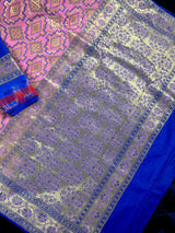 Pink and Blue Ikkat Design Banarasi Silk Weaved Saree with Paitani Style Borders with Meenakari | Banarasi Soft Handloom Silk Sarees