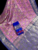 Pink and Blue Ikkat Design Banarasi Silk Weaved Saree with Paitani Style Borders with Meenakari | Banarasi Soft Handloom Silk Sarees