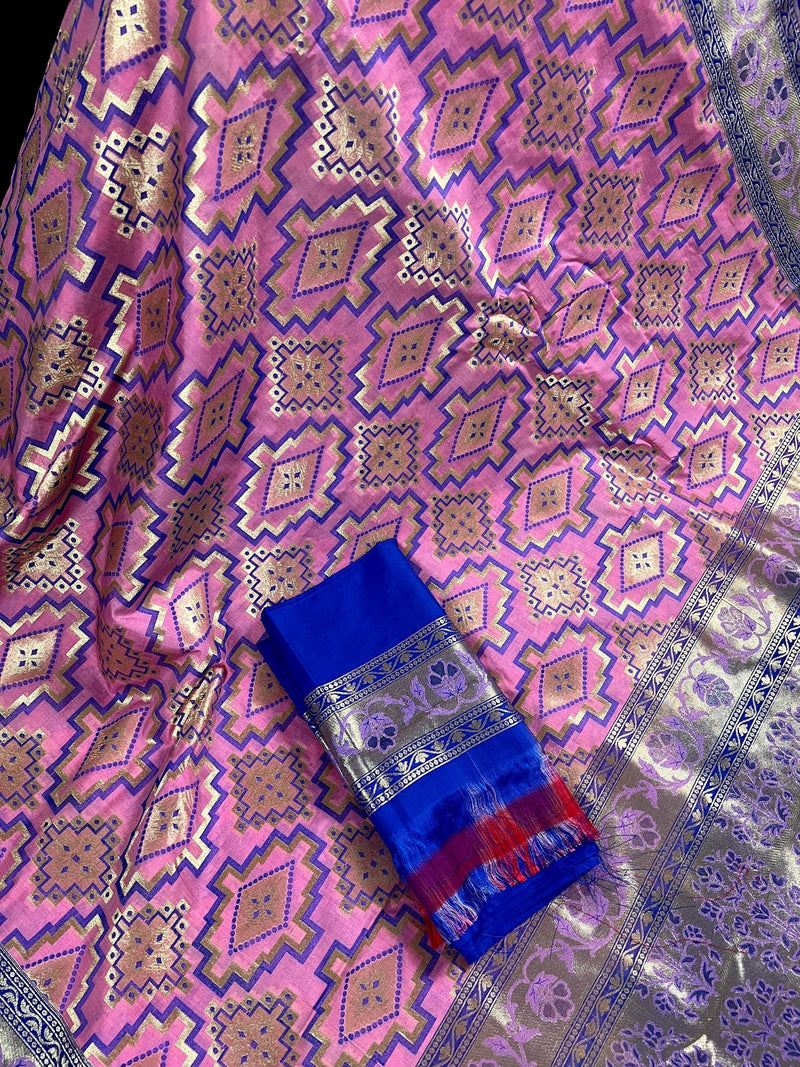 Pink and Blue Ikkat Design Banarasi Silk Weaved Saree with Paitani Style Borders with Meenakari | Banarasi Soft Handloom Silk Sarees