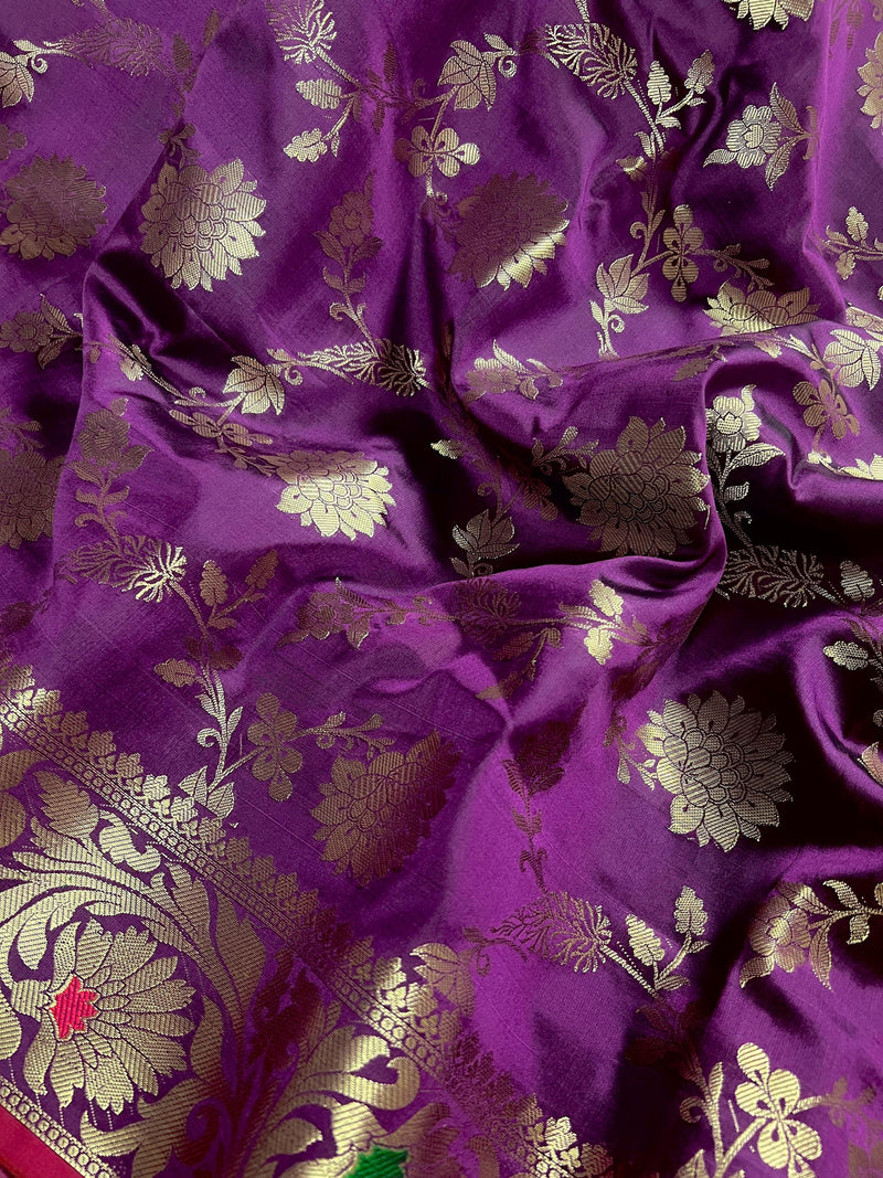 Statement Handmade Eggplant Purple Color Semi Katan Banarasi Silk Saree