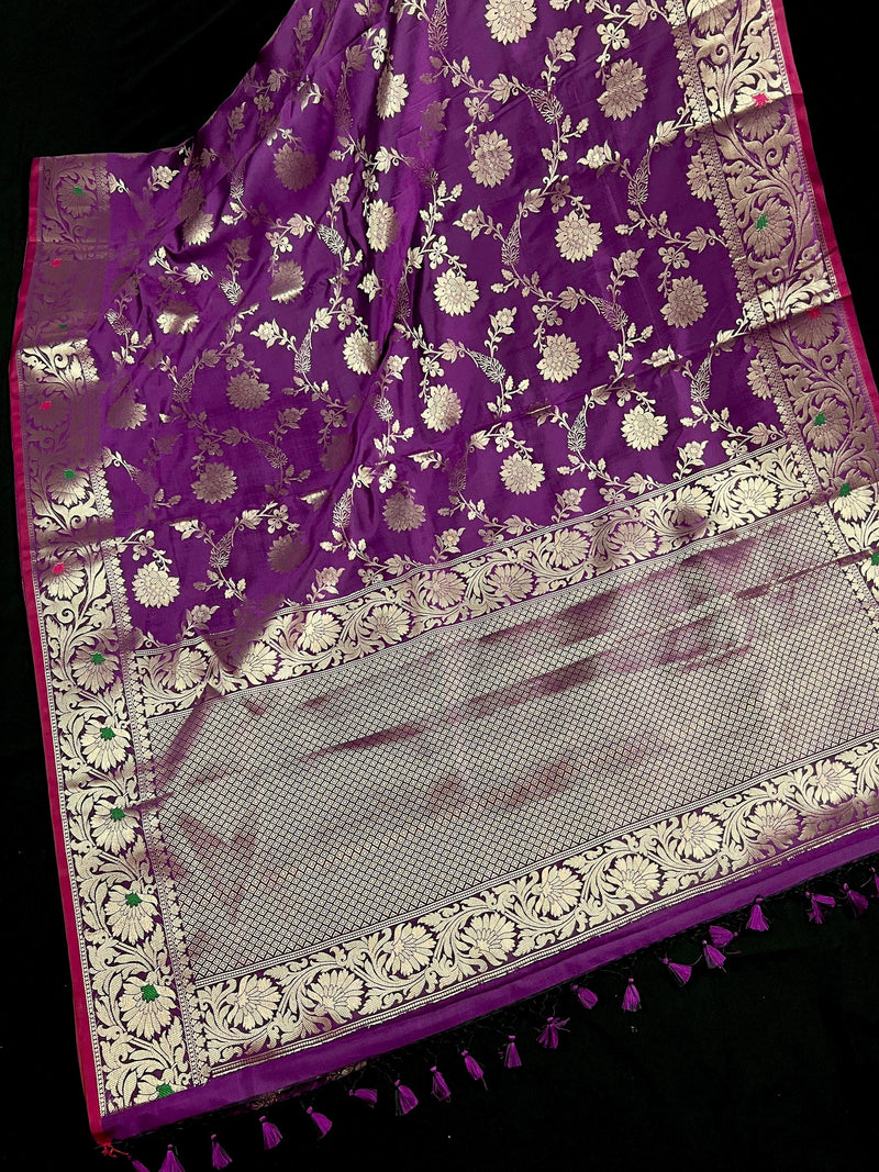 Statement Handmade Eggplant Purple Color Semi Katan Banarasi Silk Saree