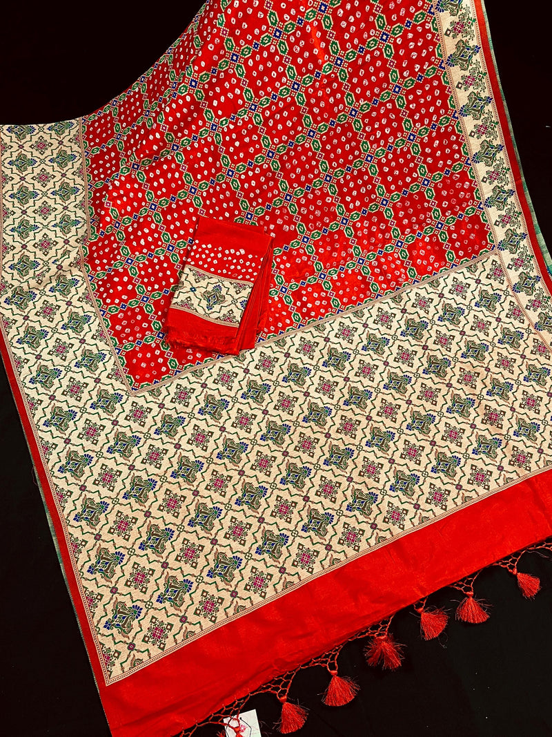 Red Color Banarasi Dupion Silk Saree | Red Bandhej Saree | Minakari Work | Muted Zari Weave | Authentic Bandhani Saree