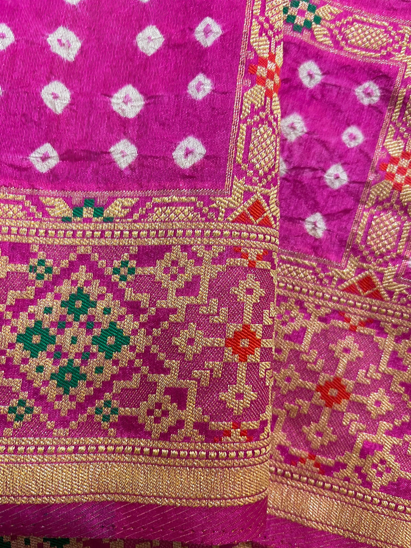 Hot Pink Color Banarasi Dupion Silk Saree | Pink Color Bandhej Saree | Minakari Work | Muted Zari Weave | Authentic Bandhani Saree