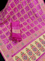 Hot Pink Color Banarasi Dupion Silk Saree | Pink Color Bandhej Saree | Minakari Work | Muted Zari Weave | Authentic Bandhani Saree