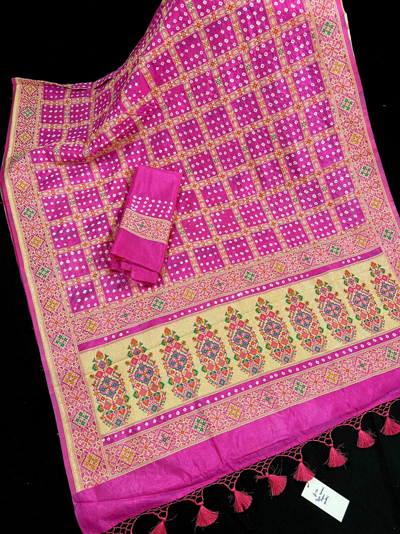 Hot Pink Color Banarasi Dupion Silk Saree | Pink Color Bandhej Saree | Minakari Work | Muted Zari Weave | Authentic Bandhani Saree