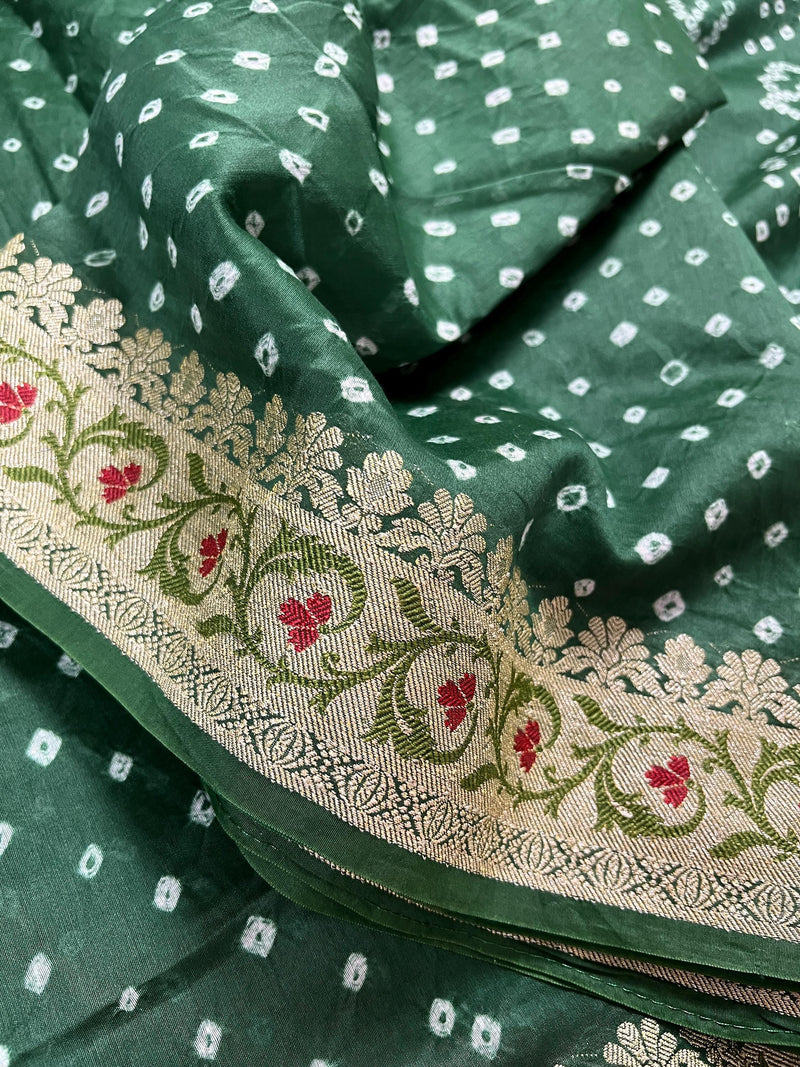 Hunter Green Color Bandhej Saree - Banarasi Semi Dupion Silk with Meenakari Work Muted Gold Zari