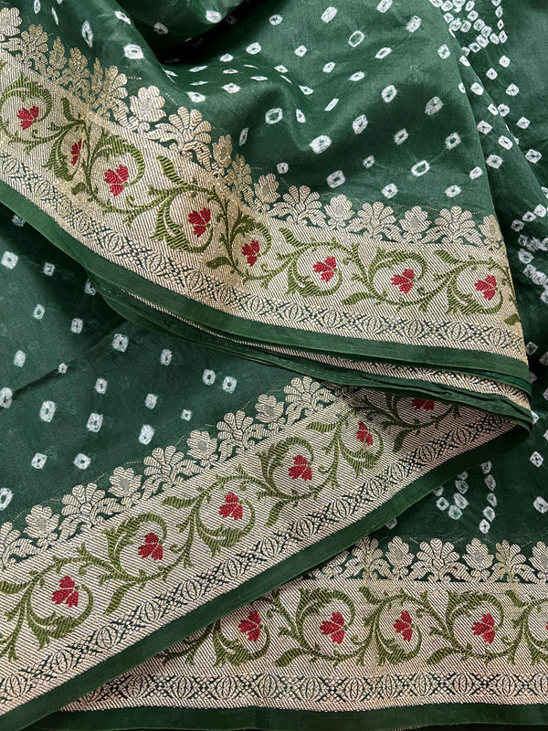 Hunter Green Color Bandhej Saree - Banarasi Semi Dupion Silk with Meenakari Work Muted Gold Zari