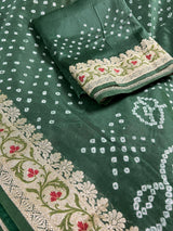 Hunter Green Color Bandhej Saree - Banarasi Semi Dupion Silk with Meenakari Work Muted Gold Zari