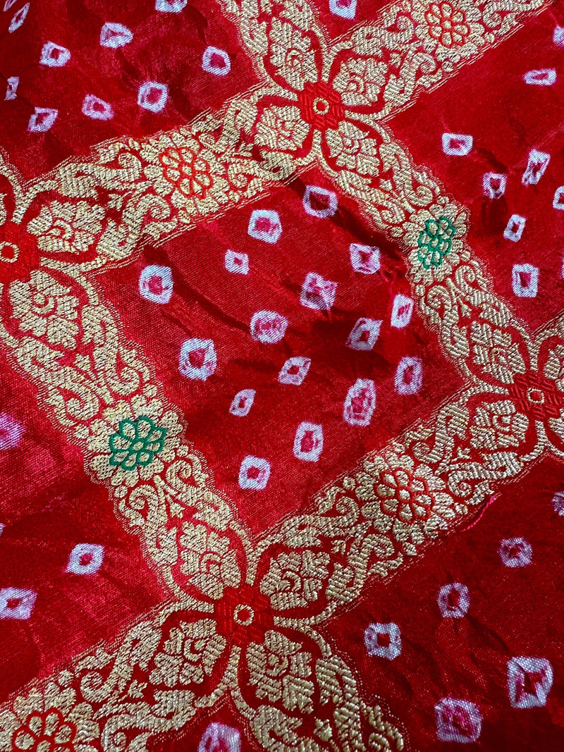 Red Color Banarasi Dupion Bandhani Silk Saree | Red Bandhej Saree | Authentic Bandhani Saree | Muted Zari Weave | Minakari Work