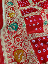 Red Color Banarasi Dupion Bandhani Silk Saree | Red Bandhej Saree | Authentic Bandhani Saree | Muted Zari Weave | Minakari Work