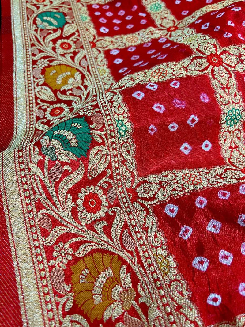 Red Color Banarasi Dupion Bandhani Silk Saree | Red Bandhej Saree | Authentic Bandhani Saree | Muted Zari Weave | Minakari Work