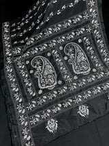 Black and White Color Bangalori Silk Saree with Handwoven Kantha Stitch Work | | Kantha Saree | Silk Sarees | Bengal Saree | Black Sari