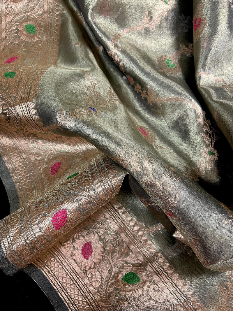 Statement Handmade English Grey Banarasi Organza Tissue Silk Saree with Meenakari